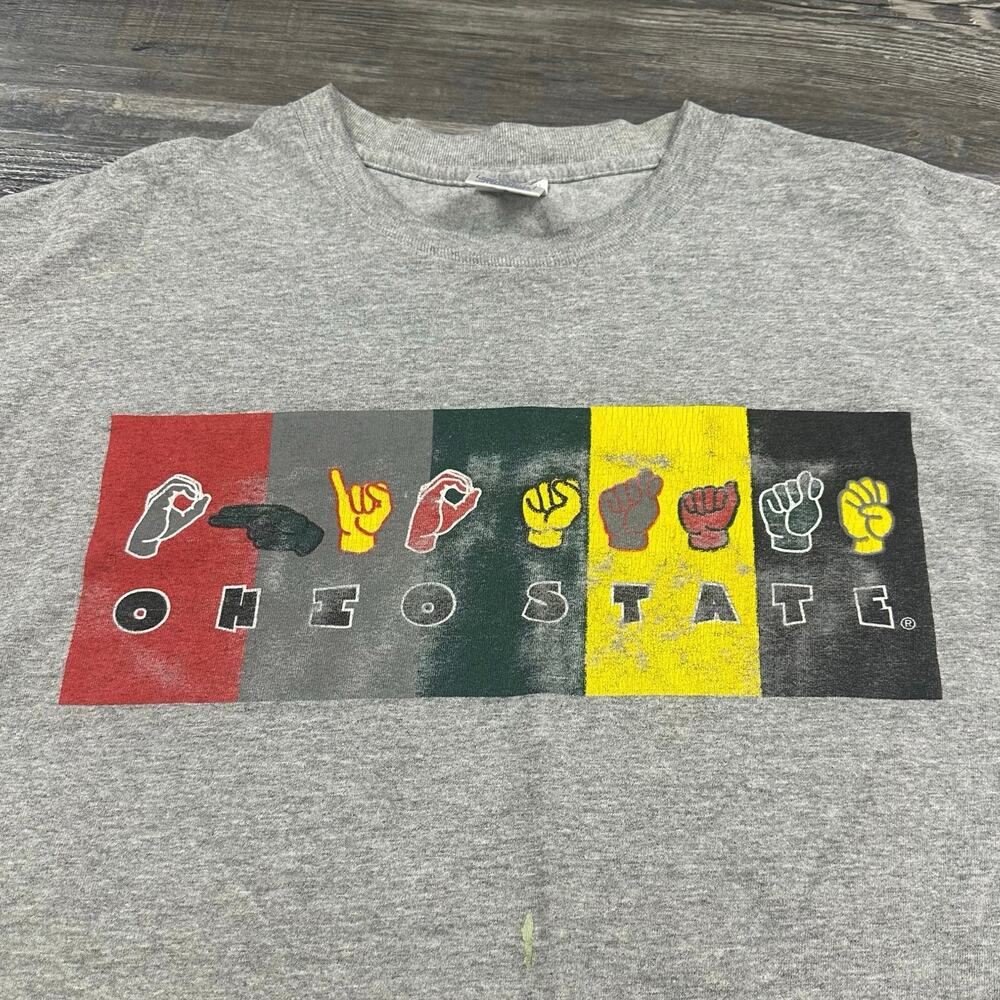 Vintage 90s Ohio State University Sign Language Graphic Flag T-Shirt Mens XL